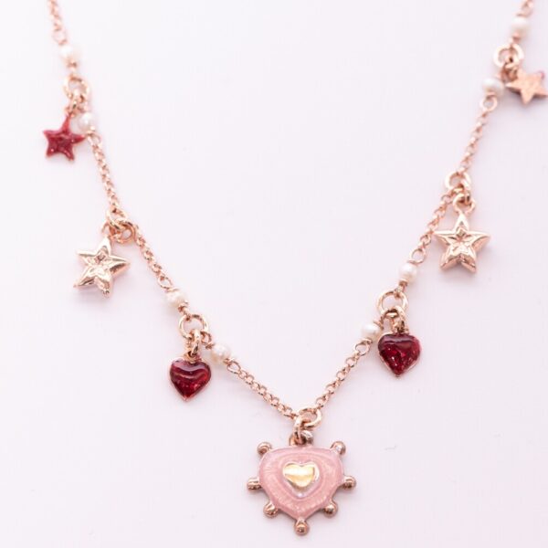 Collana charms cuori smalto rosa e rosso